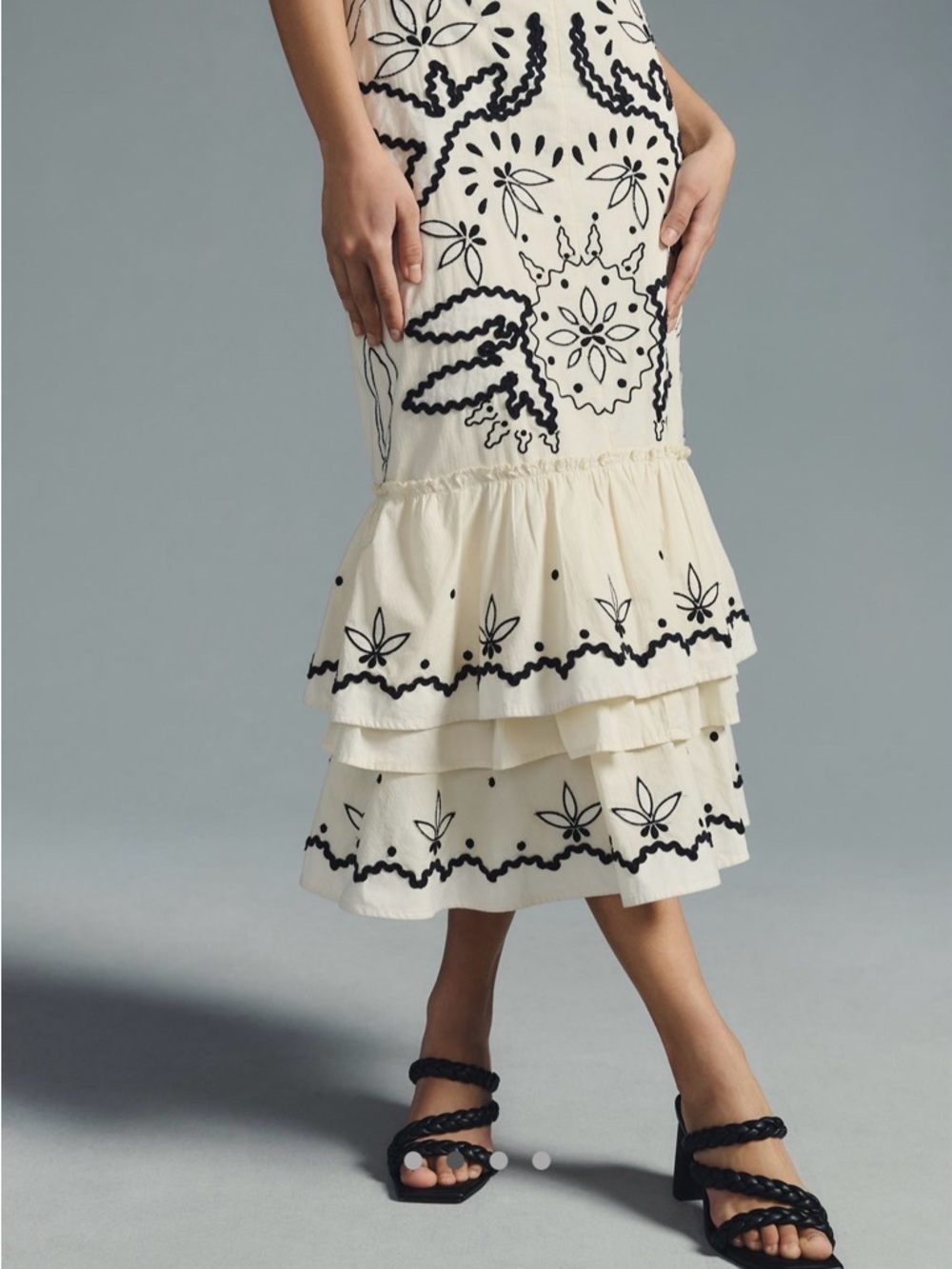Tiered Embroidered Cream Midi Skirt